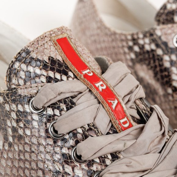 Prada Red Label Taupe Snake Print Satin Ribbon Tied Sneakers, Size 7.5 - Picture 7 of 11